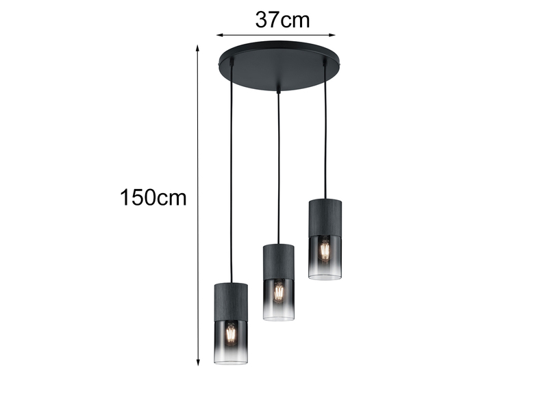 Zeitlose LED Pendelleuchte aus schwarz mattem Metall & Rauchglas, 3 x E27