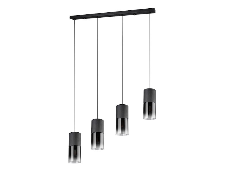 Moderne LED Balkenpendelleuchte aus schwarz mattem Metall & Rauchglas, 4 x E27