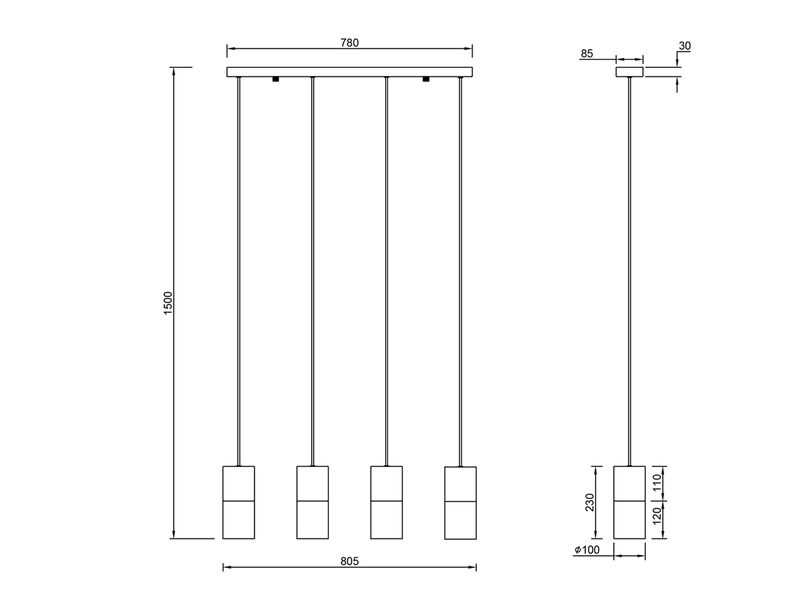 LED Pendelleuchte 4-flammig mit Rauchglas & Metall Schwarz, Breite 80cm