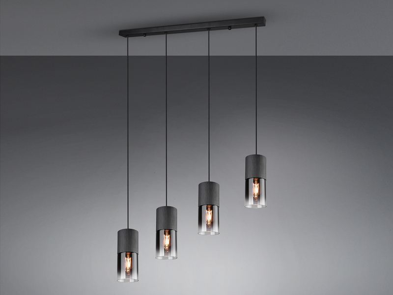 Moderne LED Balkenpendelleuchte aus schwarz mattem Metall & Rauchglas, 4 x E27
