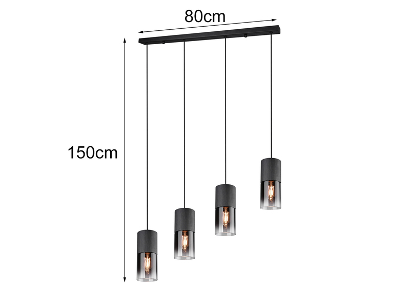 LED Pendelleuchte 4-flammig mit Rauchglas & Metall Schwarz, Breite 80cm