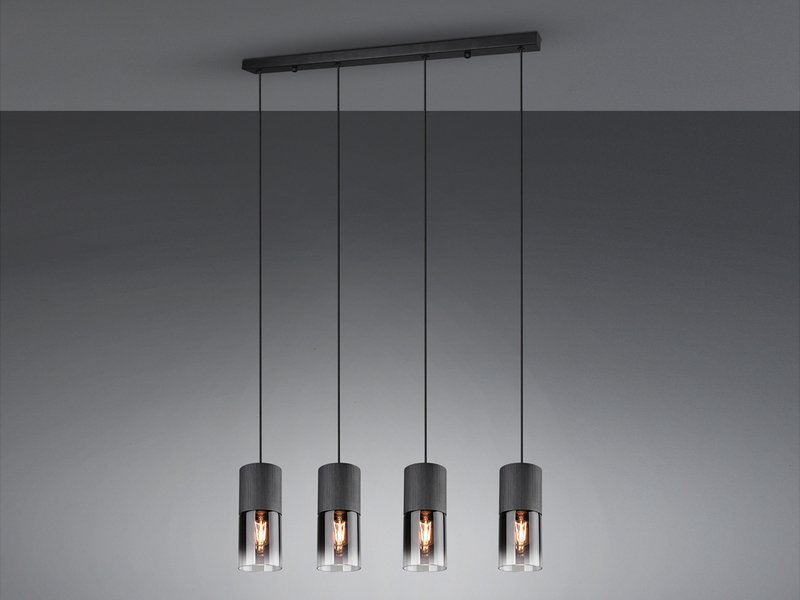 LED Pendelleuchte 4-flammig mit Rauchglas & Metall Schwarz, Breite 80cm