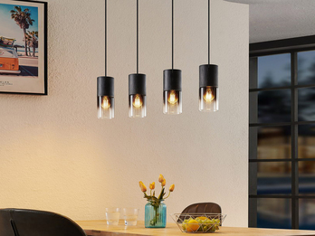 Moderne LED Pendelleuchte aus schwarz mattem Metall & Rauchglas, 4 x E27