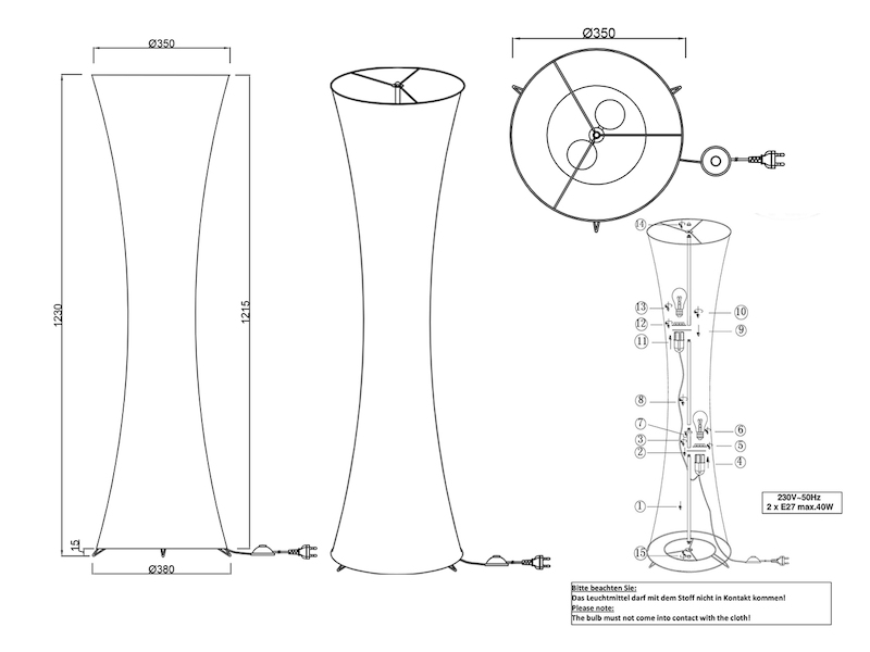 Kleine LED Stehleuchte Lichtsäule aus Stoff in Weiß Zylinder, Höhe 123cm
