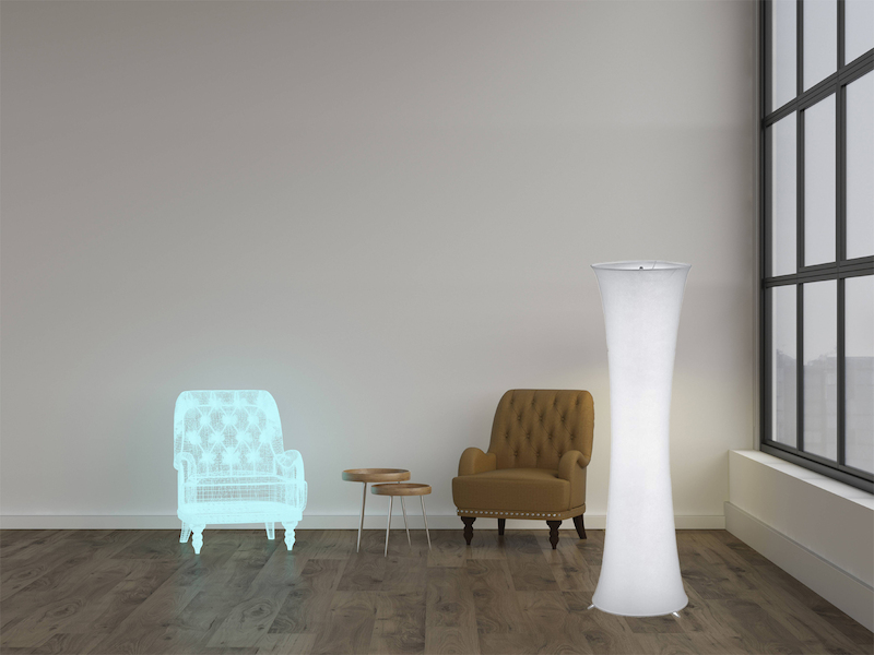 Kleine LED Stehleuchte Lichtsäule aus Stoff in Weiß Zylinder, Höhe 123cm