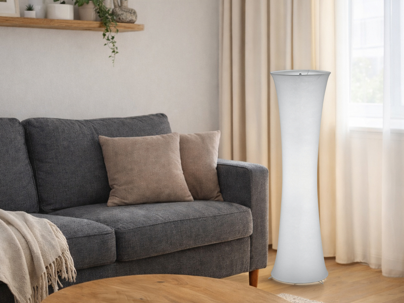 Kleine LED Stehleuchte Lichtsäule aus Stoff in Weiß Zylinder, Höhe 123cm