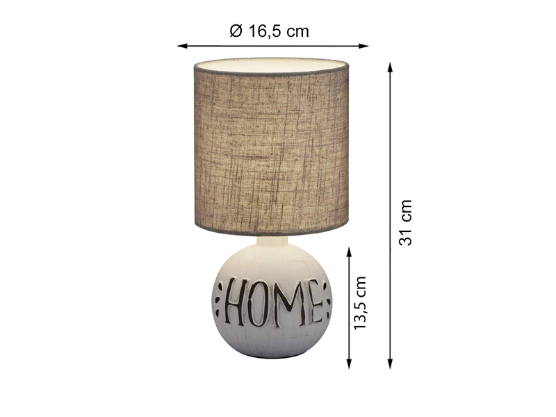 LED Tischleuchte Keramik-Sockel mit dem Schriftzug HOME Stoffschirm in Braun