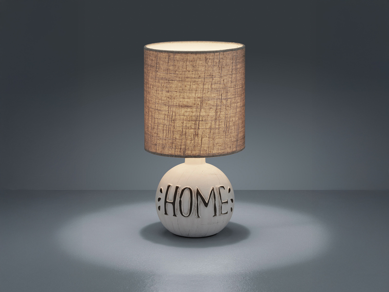 LED Tischleuchte Keramik-Sockel Schriftzug HOME Stoffschirm Braun, Höhe 31cm