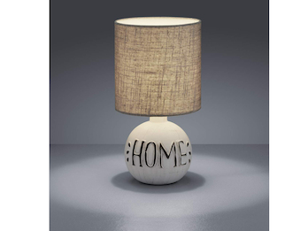 LED Tischleuchte Keramik-Sockel Schriftzug HOME Stoffschirm Braun, Höhe 31cm