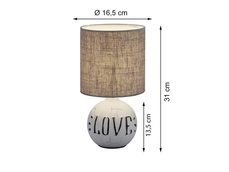 LED Tischleuchte Keramik-Sockel Schriftzug LOVE Stoffschirm Braun, Höhe 31cm