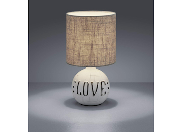LED Tischleuchte Keramik-Sockel mit dem Schriftzug LOVE Stoffschirm in Braun