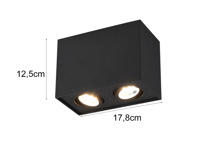 Eckiger LED Deckenstrahler mit zwei schwenkbaren Spots, schwarz matt