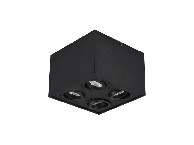 Eckiger LED Deckenstrahler mit vier schwenkbaren Spots, schwarz matt