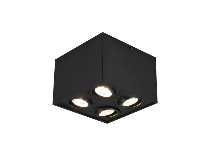 Eckiger LED Deckenstrahler mit vier schwenkbaren Spots, schwarz matt