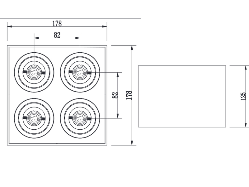 Eckiger LED Deckenstrahler mit vier schwenkbaren Spots, schwarz matt