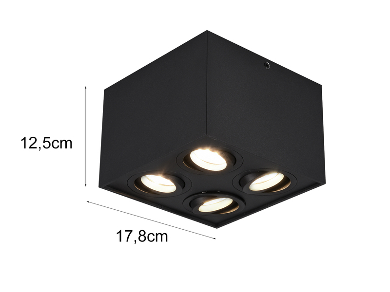 Eckiger LED Deckenstrahler mit vier schwenkbaren Spots, schwarz matt