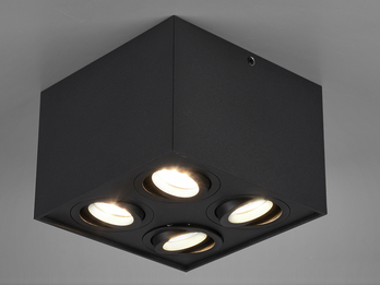 Eckiger LED Deckenstrahler mit vier schwenkbaren Spots, schwarz matt