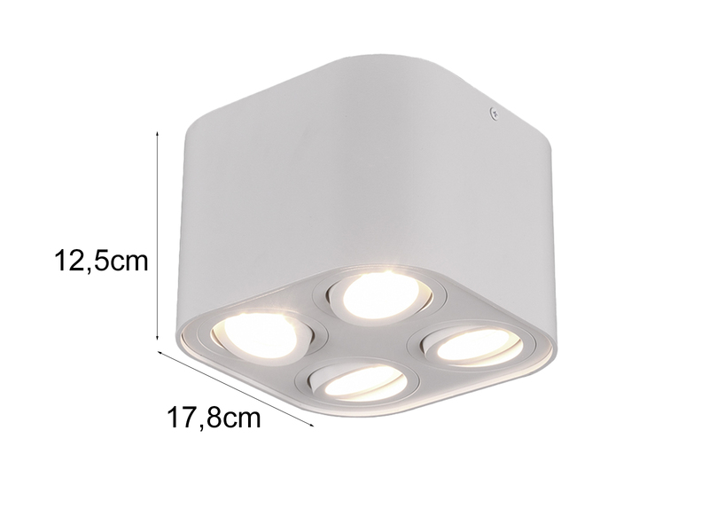 Runder LED Deckenstrahler mit vier schwenkbaren Spots, weiß matt