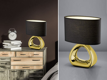 LED Tischleuchte 1 flammig Keramikfuß Gold Stoffschirm schwarz Höhe 34cm