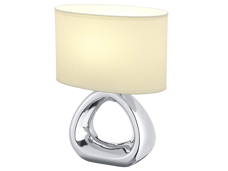 LED Tischleuchte 1 flammig Keramik silberfarbig Stoffschirm weiß Höhe 34cm