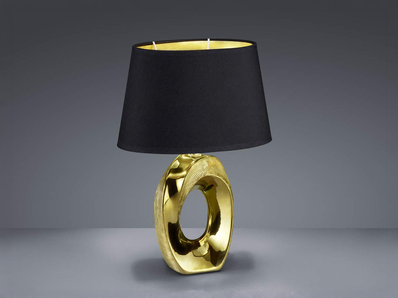 Tischleuchte Keramik Gold mit Stoffschirm Schwarz & E14 LED, Höhe 33cm