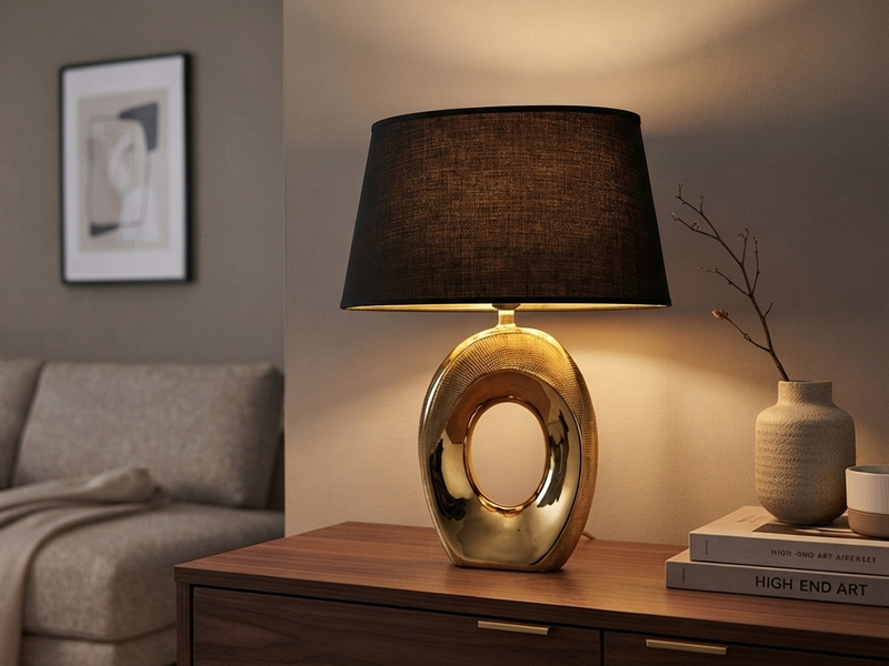 Tischleuchte Keramik Gold mit Stoffschirm Schwarz & E14 LED, Höhe 33cm