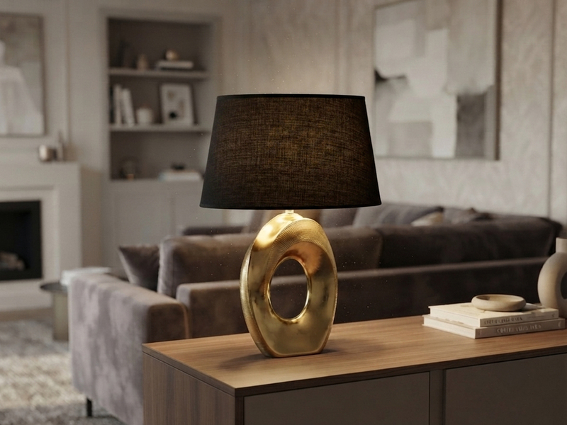 Tischleuchte Keramik Gold mit Stoffschirm Schwarz & E14 LED, Höhe 33cm