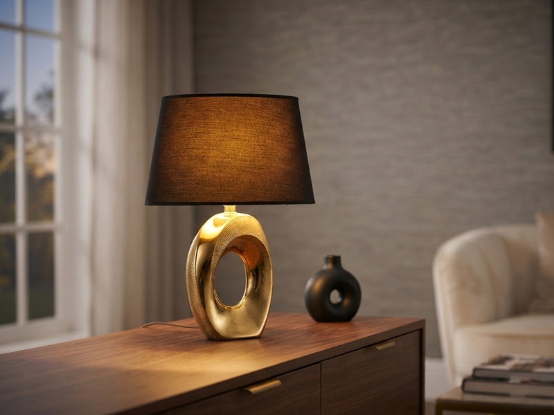 Tischleuchte Keramik Gold mit Stoffschirm Schwarz & E14 LED, Höhe 33cm