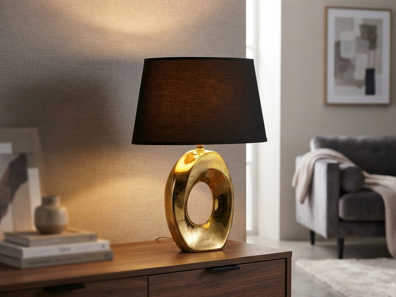 Tischleuchte Keramik Gold mit Stoffschirm Schwarz & E14 LED, Höhe 33cm