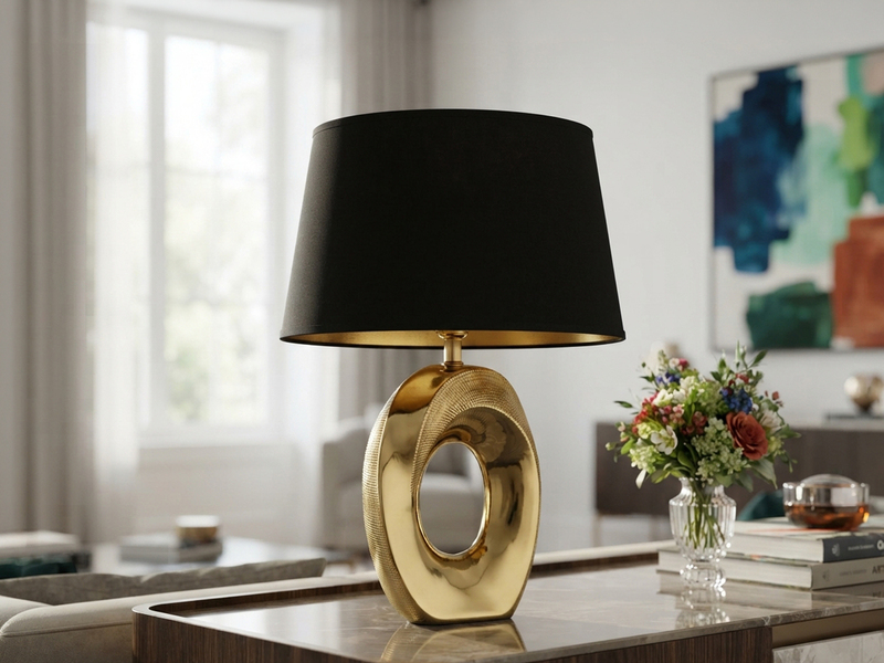 Tischleuchte Keramik Gold mit Stoffschirm Schwarz & E14 LED, Höhe 33cm