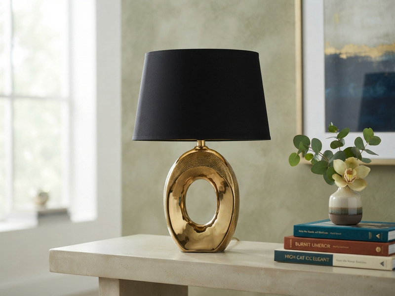 Tischleuchte Keramik Gold mit Stoffschirm Schwarz & E14 LED, Höhe 33cm