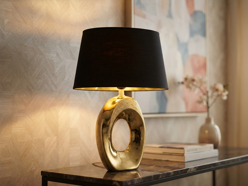 Tischleuchte Keramik Gold mit Stoffschirm Schwarz & E14 LED, Höhe 33cm