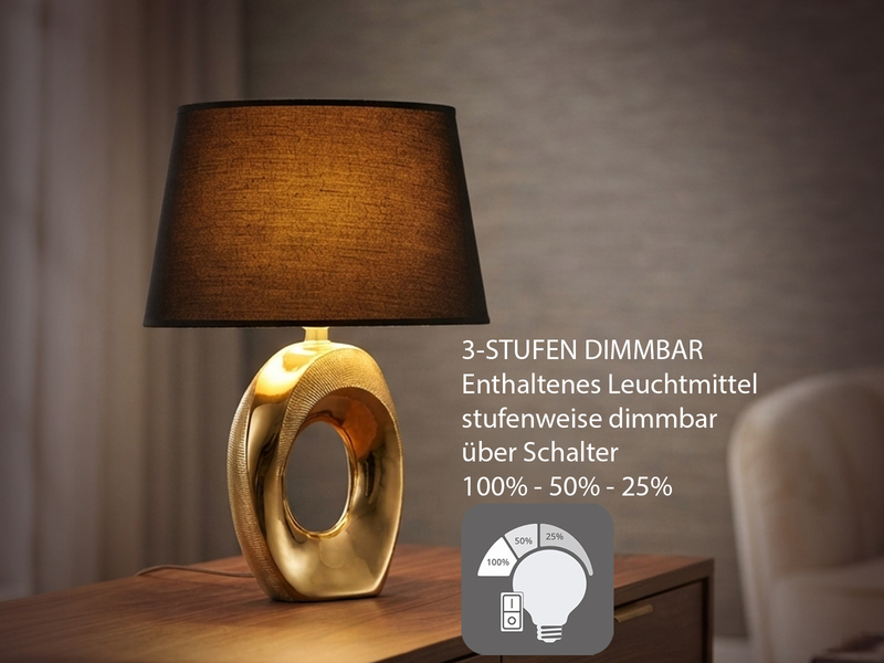 Tischleuchte Keramik Gold mit Stoffschirm Schwarz & E14 LED, Höhe 33cm