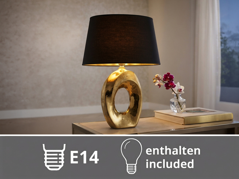 Tischleuchte Keramik Gold mit Stoffschirm Schwarz & E14 LED, Höhe 33cm