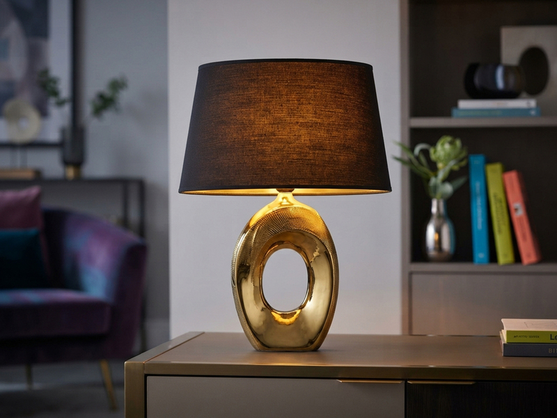 Tischleuchte Keramik Gold mit Stoffschirm Schwarz & E14 LED, Höhe 33cm