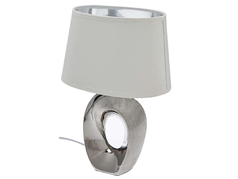 Kleine LED Tischleuchte 1 flammig Keramikfuß silberfarbig Schirm weiß Höhe 33cm