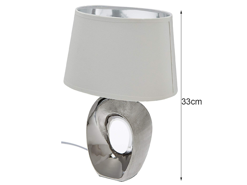 Kleine LED Tischleuchte 1 flammig Keramikfuß silberfarbig Schirm weiß Höhe 33cm