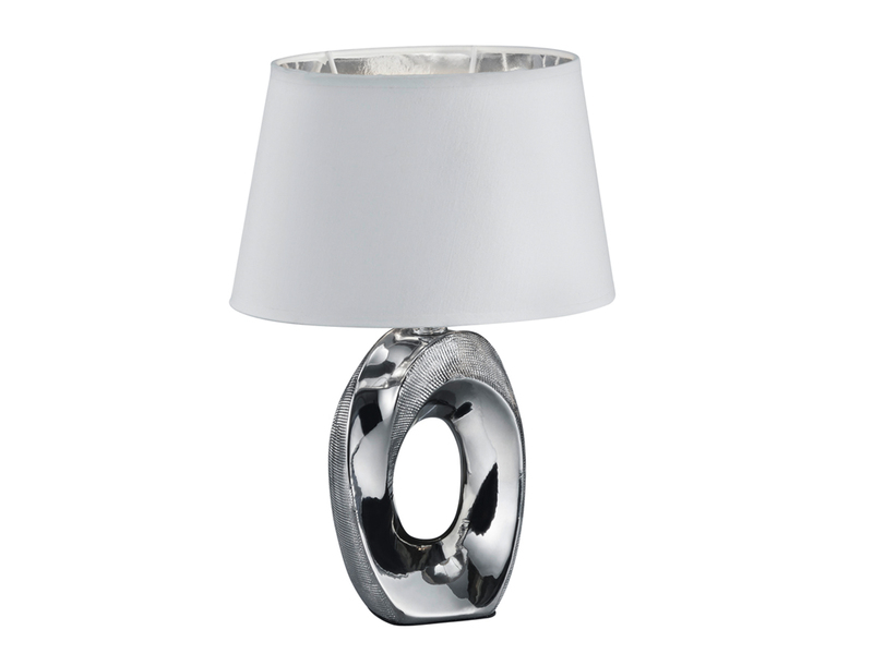 Kleine LED Tischleuchte 1 flammig Keramikfuß silberfarbig Schirm weiß, Höhe 33cm