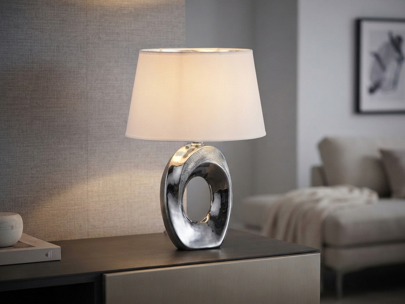 Tischleuchte Keramik Silber mit Stoffschirm Weiß & E14 LED, Höhe 33cm