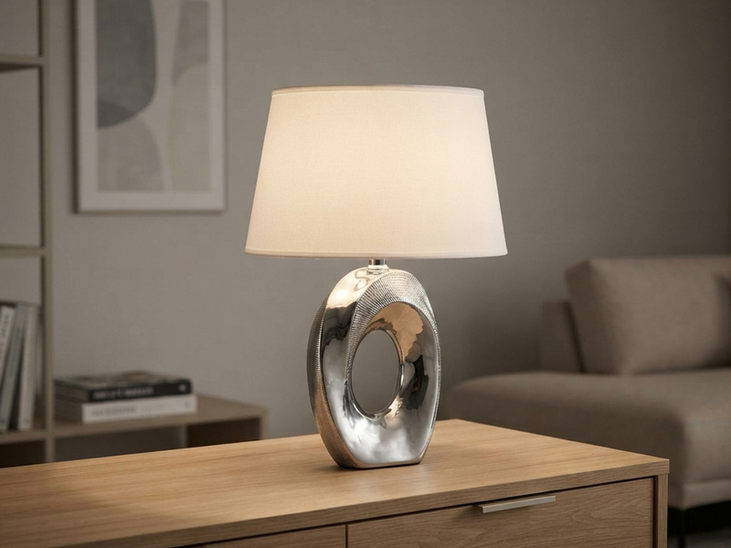 Tischleuchte Keramik Silber mit Stoffschirm Weiß & E14 LED, Höhe 33cm