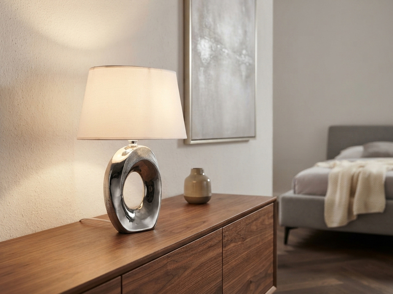 Tischleuchte Keramik Silber mit Stoffschirm Weiß & E14 LED, Höhe 33cm
