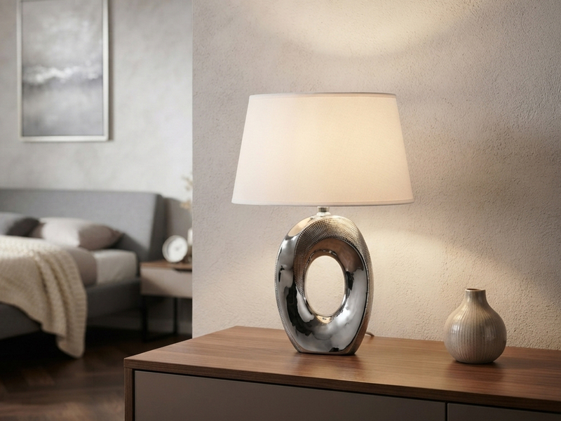 Tischleuchte Keramik Silber mit Stoffschirm Weiß & E14 LED, Höhe 33cm