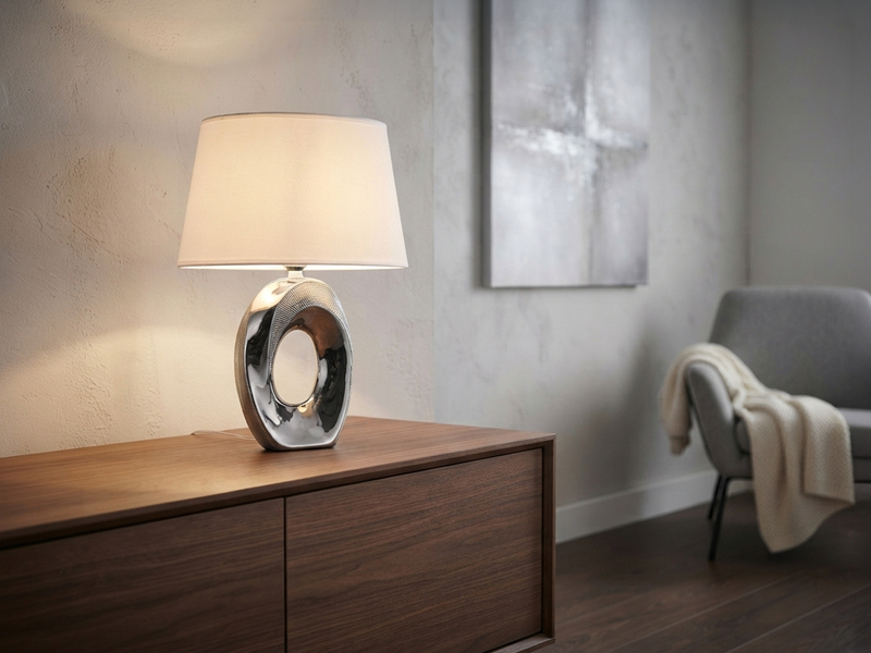 Tischleuchte Keramik Silber mit Stoffschirm Weiß & E14 LED, Höhe 33cm