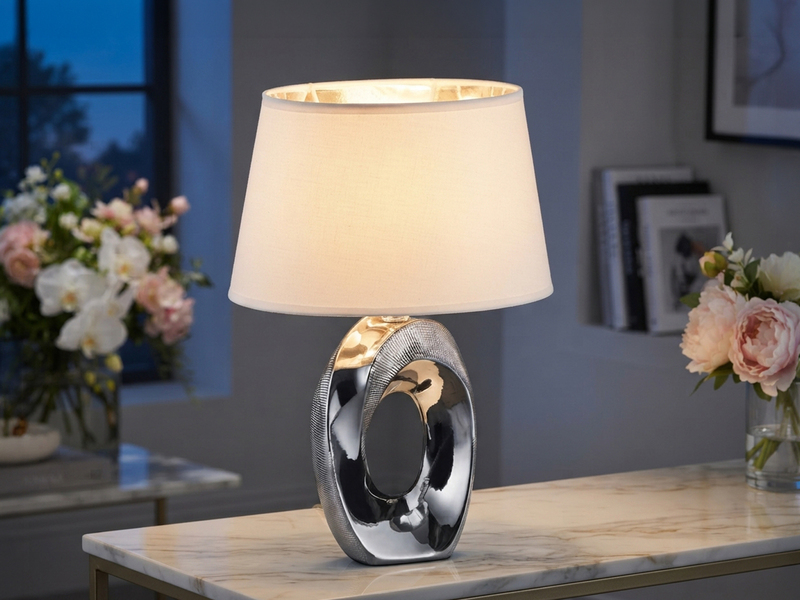 Tischleuchte Keramik Silber mit Stoffschirm Weiß & E14 LED, Höhe 33cm