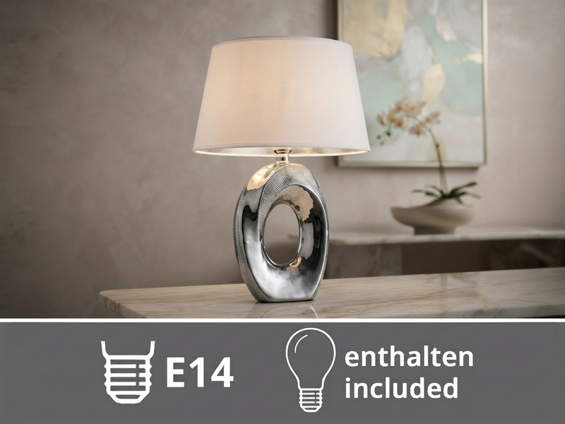 Tischleuchte Keramik Silber mit Stoffschirm Weiß & E14 LED, Höhe 33cm