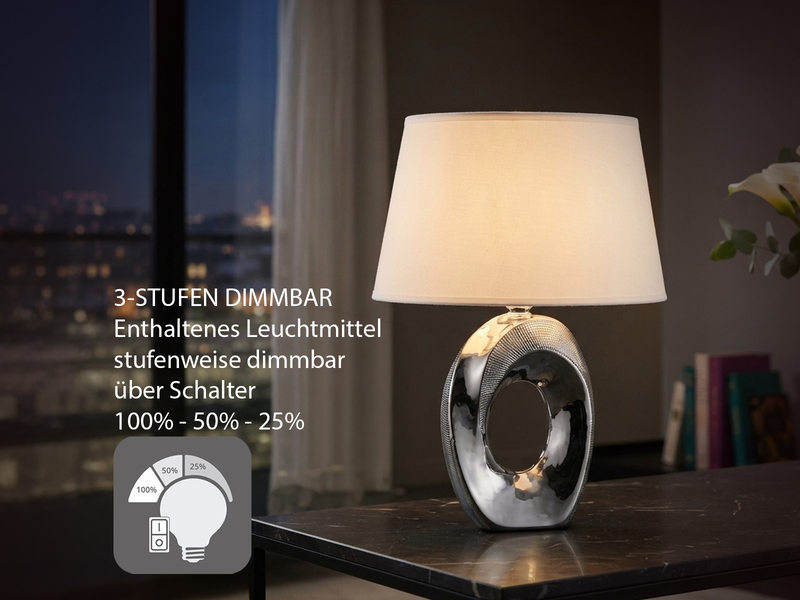 Tischleuchte Keramik Silber mit Stoffschirm Weiß & E14 LED, Höhe 33cm