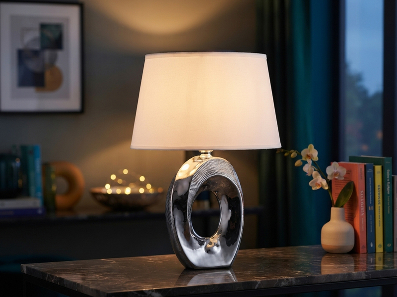 Tischleuchte Keramik Silber mit Stoffschirm Weiß & E14 LED, Höhe 33cm