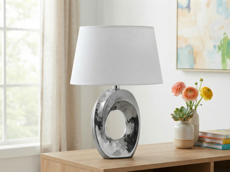 Tischleuchte Keramik Silber mit Stoffschirm Weiß & E14 LED, Höhe 33cm