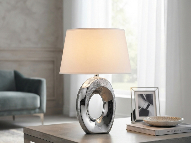 Tischleuchte Keramik Silber mit Stoffschirm Weiß & E14 LED, Höhe 33cm