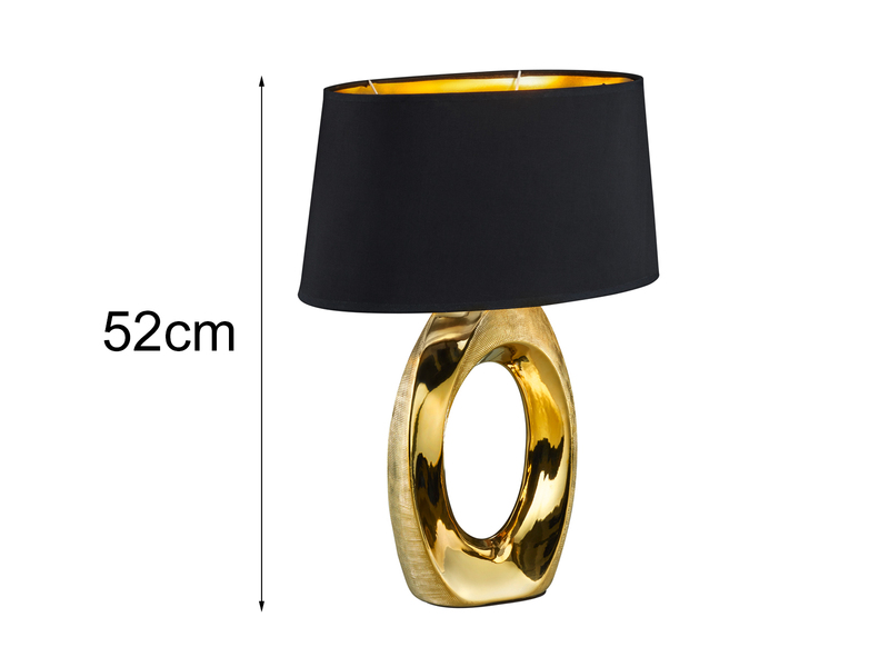 Große Tischleuchte Keramik Gold mit Stoffschirm Schwarz & E27 LED, Höhe 52cm